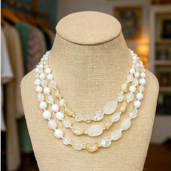 Vintage Three Strand Necklace Sparkle White Glass Beads Western Germany -Hey Viv - Picture 3 of 6